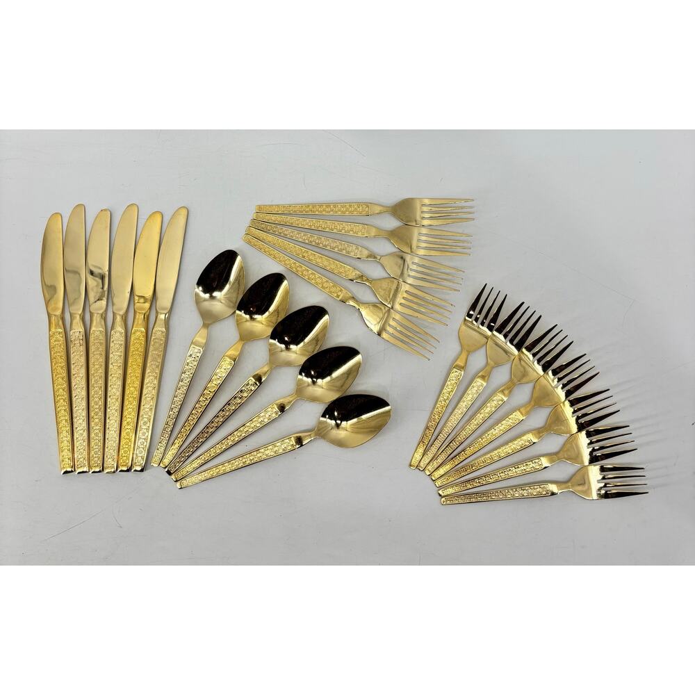 Vtg Thocadero Hollywood Gold Spoons Fork Dinner Knives Korea Stainless